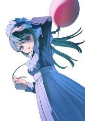  1girl apron arm_up balloon black_dress black_hair blue_eyes braid dress eyelashes frilled_apron frills from_below highres holding holding_balloon kagenoyuhi long_dress long_hair looking_at_viewer maid maid_apron maid_headdress open_mouth original sidelighting solo straight_hair upper_body white_background 