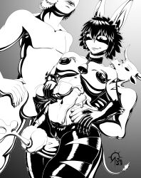  1girl 2boys animal_ears black_hair breasts claws cum cum_on_body fang furry furry_female goat_legs grinding highres hooves large_breasts large_penis monochrome monster_girl multiple_boys neck_bell nipples no_nose one-punch_man penis penis_grab pussy sacrificabominat tail  rating:Explicit score:2 user:GiovanniHunter