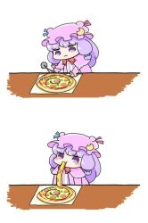  1girl 2koma :3 ajitsuki blue_ribbon blush_stickers bow bowtie capelet chibi comic crescent crescent_pin eating food hat hat_ribbon long_hair long_sleeves mob_cap patchouli_knowledge pizza purple_eyes purple_hair red_bow red_bowtie red_ribbon ribbon simple_background sketch solo table touhou white_background 