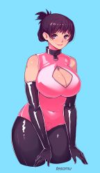  1girl bare_shoulders bdsm blush bodysuit breasts cleavage cleavage_cutout clothing_cutout collar elbow_gloves female_focus gloves large_breasts latex looking_at_viewer mature_female ponytail purple_eyes purple_hair smile solo tesomu zipper  rating:Sensitive score:68 user:kingship