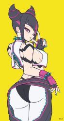  1girl absurdres ass black_hair bracelet breasts collar drill_hair fingerless_gloves gloves hair_horns han_juri highres jewelry looking_at_viewer medium_breasts multicolored_hair nail_polish panties_over_leggings pants purple_eyes solo spiked_bracelet spiked_collar spikes street_fighter street_fighter_6 tunacan_olive twin_drills 