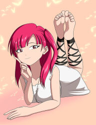 1girl barefoot dress elmonais feet foot_focus lying magi_the_labyrinth_of_magic morgiana on_stomach pink_hair simple_background smile soles the_pose toes white_dress