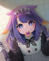  1girl absurdres black_bow black_bowtie blue_eyes blunt_bangs bow bowtie buttons cookie double-breasted food food_in_mouth gradient_hair hands_up highres holding hololive hololive_english long_hair long_sleeves looking_at_viewer mole mole_under_eye multicolored_hair ninomae_ina&#039;nis ninomae_ina&#039;nis_(6th_costume) nya_yuika orange_hair pointy_ears puffy_long_sleeves puffy_sleeves purple_hair solo striped_bow striped_bowtie striped_clothes tentacle_hair tile_wall tiles virtual_youtuber white_bow white_bowtie yuimellow  rating:General score:6 user:danbooru