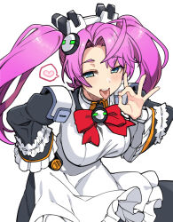  apron bent_over blue_eyes blush breasts cosmic_break dress frilled_dress frills hand_on_own_hip headgear heart large_breasts liseria_(cosmic_break) long_hair long_sleeves looking_at_viewer maid maid_apron naughty_face ok_sign pink_nails purple_hair red_ribbon ribbon seductive_smile sidelocks smile swept_bangs teeth tongue tongue_out tsukinami_kousuke twintails upper_teeth_only 