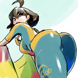  1girl ahoge arms_(game) ass bent_over blue_bodysuit bodysuit breasts brown_hair cowboy_shot eyelashes eyes_visible_through_hair from_behind goggles goggles_around_neck hair_between_eyes highres leaning leaning_forward looking_away looking_back mechanica_(arms) medium_breasts multicolored_bodysuit multicolored_clothes pink_eyes shiny_clothes short_hair short_sleeves skin_tight solo standing tsurime yellow_bodysuit yuki_(12cut)  rating:Sensitive score:43 user:danbooru