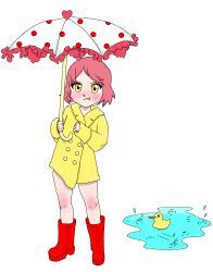  1girl bob_cut boots closed_mouth female_focus freckles full_body highres hives loli looking_at_viewer measles measles-chan meva pink_hair polka_dot polka_dot_umbrella puddle puffy_cheeks raincoat rubber_boots rubber_duck short_hair simple_background solo standing transparent_background umbrella yellow_eyes  rating:Sensitive score:3 user:gobekli