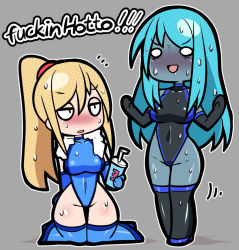 blush chibi competition_swimsuit dark_samus drink english_text gloves iriomote_umineko legs leotard long_hair looking_at_another metroid nintendo notice_lines one-piece_swimsuit open_mouth ponytail samus_aran smile straight_hair sweat sweatdrop swimsuit thick_thighs thighs towel towel_around_neck rating:Questionable score:35 user:NickelUnknown