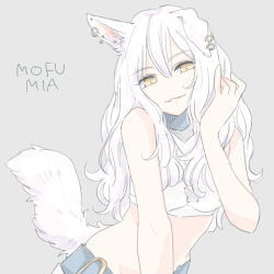  1girl animal_ears bare_shoulders crop_top ear_down ear_piercing grey_background hand_in_own_hair hand_up inutose long_hair midriff original parted_lips piercing shirt simple_background sleeveless sleeveless_shirt smile solo tail upper_body white_hair white_shirt wolf_ears wolf_girl wolf_tail yellow_eyes 
