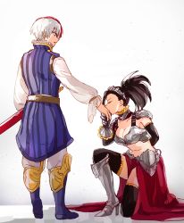 10s 1boy 1girl anezu armor artist_request black_hair boku_no_hero_academia boots breastplate breasts cleavage elbow_gloves closed_eyes fantasy female_knight full_body gloves hetero high_heel_boots high_heels kiss kissing_hand knight long_sleeves midriff multicolored_hair navel official_alternate_costume ponytail prince red_hair red_skirt shoulder_pads simple_background skirt standing sword thighhighs todoroki_shouto two-tone_hair weapon white_background white_hair yaoyorozu_momo  rating:Sensitive score:21 user:danbooru