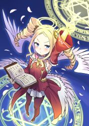  1girl :&lt; alternate_costume angel_wings arm_up armpits beatrice_(re:zero) black_pantyhose blonde_hair blue_background blue_eyes blush book commentary_request crown_hair_ornament detached_sleeves double_halo dress drill_hair feathers halo hand_up hexagram high_heels holding holding_book long_hair looking_at_viewer looking_up magic magic_circle pantyhose pleated_skirt puffy_sleeves re:zero_kara_hajimeru_isekai_seikatsu red_dress s_(hdru2332) skirt sleeveless sleeveless_dress symbol-shaped_pupils twin_drills white_skirt wings yellow_footwear 