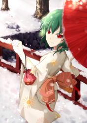  1girl female_focus green_hair highres japanese_clothes kazami_yuuka kimono outdoors parasol red_eyes snow solo standing touhou umbrella  rating:Sensitive score:9 user:CHINA