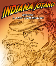  2boys absurdres beard character_name closed_mouth commentary_request cowboy_hat earrings english_text expressionless facial_hair glasses grandfather_and_grandson hat highres indiana_jones_(series) indiana_jones_and_the_last_crusade jewelry jojo_no_kimyou_na_bouken joseph_joestar joseph_joestar_(old) kuujou_joutarou light_smile looking_ahead looking_at_viewer mad_sharpen male_focus monochrome multiple_boys old old_man parody portrait sepia single_earring smile stardust_crusaders stud_earrings title_parody 