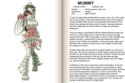 1girl ahoge bandage_over_one_eye bandaged_arm bandaged_leg bandages bandaid bandaid_on_face body_markings breasts character_profile dark-skinned_female dark_skin english_text hard-translated kenkou_cross large_breasts looking_at_viewer monster_girl monster_girl_encyclopedia mummy mummy_(monster_girl_encyclopedia) navel official_art one_eye_covered reaching reaching_towards_viewer tattoo third-party_edit translated undead zombie rating:Questionable score:58 user:danbooru