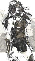  1girl armor boots circlet dawn_of_justice dc_comics dccu lasso long_hair monochrome pteruges solo strapless sword thigh_boots thighhighs traditional_media vambraces weapon wonder_woman wonder_woman_(series)  rating:Sensitive score:14 user:nrt