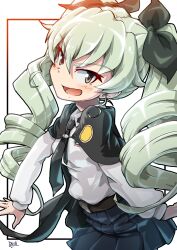  1girl absurdres anchovy_(girls_und_panzer) anzio_school_uniform artist_request ass belt belt_buckle black_cape black_necktie black_ribbon blush breasts brown_belt brown_eyes buckle cape collared_shirt drill_hair floating_hair flower girls_und_panzer green_hair hair_ribbon highres long_hair looking_at_viewer necktie open_mouth pleated_skirt ribbon riding_crop school_uniform shirt simple_background skirt smile solo twintails very_long_hair white_background white_shirt wide_hips  rating:General score:1 user:popotepopote