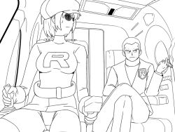 1boy 1girl agent_aika aika_(series) aircraft belt blue_delmo blue_delmo_v boots breasts cigarette closed_mouth cockpit commentary creatures_(company) crossed_legs crossover crotch_seam game_freak giovanni_(pokemon) glasses gloves greyscale hand_up hat helicopter holding holding_cigarette jacket long_sleeves looking_to_the_side monochrome nintendo panties pants pantyshot pokemon pokemon_hgss shirt short_hair sitting skirt steering sunglasses team_rocket team_rocket_grunt team_rocket_uniform thigh_boots thighhighs turnip007 underwear
