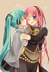 2girls ;d aqua_hair arm_behind_back bad_id bad_pixiv_id bare_shoulders belt black_detached_sleeves black_skirt blue_eyes blush breasts closed_mouth collared_shirt couple covered_navel detached_sleeves closed_eyes female_focus grey_shirt hatsune_miku headphones heart hug long_hair long_skirt looking_at_another medium_breasts megurine_luka multiple_belts multiple_girls neck one_eye_closed open_mouth pink_hair pleated_skirt see-through shirt side_slit skirt sleeveless sleeveless_shirt smile twintails utaori very_long_hair vocaloid wink yuri rating:Sensitive score:18 user:danbooru