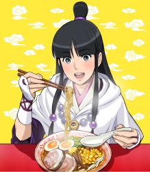 1girl ace_attorney bad_id bad_pixiv_id black_eyes black_hair eating food hair_bun hair_ornament half_updo japanese_clothes jewelry kei-co long_hair magatama maya_fey necklace noodles open_mouth phoenix_wright:_ace_attorney_-_spirit_of_justice ramen single_hair_bun smile solo soup rating:General score:18 user:danbooru