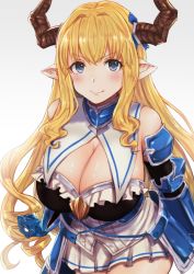  &gt;:) 10s 1girl armor armored_dress arms_at_sides bare_shoulders blonde_hair blue_eyes blush breasts cleavage closed_mouth cowboy_shot curly_hair detached_collar faulds frills gauntlets granblue_fantasy horn_ornament horns large_breasts long_hair looking_at_viewer moshoko_(mizuneroku) pleated_skirt pointy_ears razia shiny_skin simple_background skindentation skirt smile solo strapless v-shaped_eyebrows very_long_hair white_background  rating:Sensitive score:32 user:danbooru