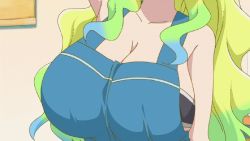  10s 1girl animated animated_gif aqua_hair bouncing_breasts breasts cleavage huge_breasts kobayashi-san_chi_no_maidragon long_hair overalls lucoa_(maidragon)  rating:Questionable score:72 user:lordroticiv