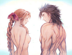  1boy 1girl aerith_gainsborough arms_behind_back black_hair bow braid braided_ponytail breasts brown_hair completely_nude crisis_core_final_fantasy_vii facial_scar final_fantasy final_fantasy_vii from_behind hair_bow linono median_furrow muscular muscular_male nipples nude pectorals pink_bow scar scar_on_cheek scar_on_face upper_body zack_fair 