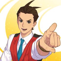  1boy ace_attorney apollo_justice black_eyes blue_necktie brown_hair collared_shirt highres kune_akiro light_smile long_sleeves male_focus necktie open_mouth pointing pointing_at_viewer red_vest shirt short_hair solo teeth tongue two-tone_background upper_body vest white_background white_shirt wristband yellow_background 