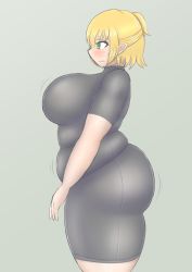 1girl alternate_costume bad_id bad_pixiv_id blonde_hair blush bodysuit bouncing_breasts breasts cowboy_shot fat fat_rolls green_eyes guroo_(shine119) half_updo highres large_breasts mizuhashi_parsee pointy_ears profile short_hair shy skin_tight solo thick_thighs thighs touhou wavy_mouth rating:Sensitive score:16 user:danbooru