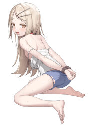  1girl :o absurdres arms_behind_back bare_legs barefoot blue_shorts blush bound bound_wrists breasts camisole colored_eyelashes double_strap_slip feet full_body gakuen_idolmaster highres idolmaster kasgero kneeling light_brown_hair long_hair looking_at_viewer looking_back nipples orange_eyes shinosawa_hiro shorts simple_background small_breasts soles solo sweat toes torn_clothes torn_shorts white_background white_camisole 