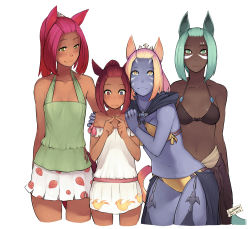  10s 2013 4girls altera_moontail animal_ears aqua_eyes aqua_hair warrior_of_light_(ff14) bikini bikini_top_only blonde_hair blue_eyes blue_skin blush breasts camisole casual cat_ears cat_girl cat_tail chemise colored_skin cowboy_shot cropped_legs crown dark-skinned_female dark_skin dated facial_mark faustsketcher female_focus final_fantasy final_fantasy_xiv flat_chest food_print hair_ornament hands_on_shoulders heterochromia linora_moontail medium_breasts mini_crown miqo&#039;te multiple_girls purple_skin red_eyes sarong short_hair short_ponytail showgirl_skirt skirt small_breasts smile square_enix steepled_fingers strawberry_print swimsuit tail thighhighs white_background yellow_eyes yuniko_moontail  rating:Sensitive score:210 user:danbooru