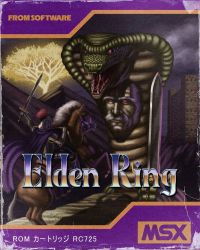  1980s_(style) 2boys armor blasphemous_blade cape commentary cover elden_ring english_commentary erdtree_(elden_ring) fake_cover from_software full_armor highres holding holding_sword holding_weapon horse horseback_riding jewelry knight male_focus mane monster msx multiple_boys multiple_rings oldschool purple_cape red_eyes reins retro_artstyle riding ring rykard_lord_of_blasphemy size_difference snake sword tarnished_(elden_ring) torrent_(elden_ring) ultimate_ink_trash weapon 