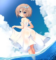 1girl absurdres ass bare_shoulders blanc_(neptunia) blue_eyes blush brown_hair cloud dress ether_core feet_out_of_frame female_focus from_behind highres looking_at_viewer looking_back medium_hair neptune_(series) ocean partially_submerged sky smile solo water white_dress rating:Sensitive score:160 user:FabricioDias