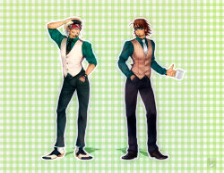  2boys ace_attorney arm_garter belt beret black_footwear blouse brown_eyes brown_hair buttons cabbie_hat capcom cosplay costume_switch crossover cup domino_mask dress_shoes facial_hair full_body godot_(ace_attorney) godot_(ace_attorney)_(cosplay) green_shirt grin hand_in_pocket hand_on_headwear hat kaburagi_t._kotetsu kaburagi_t_kotetsu_(cosplay) look-alike male_focus mask mug multiple_boys necktie outline pants phoenix_wright:_ace_attorney_-_trials_and_tribulations saddle_shoes shirt shoes short_hair smile socks stacy_navka stubble teeth tiger_&amp;_bunny vest visor waistcoat watch white_hair white_legwear wristwatch  rating:Sensitive score:14 user:danbooru