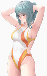 1girl absurdres armpits arms_behind_head arms_up bare_arms bare_shoulders blush breasts commentary_request commission dead_or_alive dead_or_alive_6 dead_or_alive_xtreme dead_or_alive_xtreme_venus_vacation grey_hair highleg highleg_swimsuit highres hoki1314 lips long_hair looking_at_viewer medium_breasts one-piece_swimsuit parted_lips ponytail simple_background skeb_commission smile solo swimsuit tamaki_(doa) thighs yellow_eyes