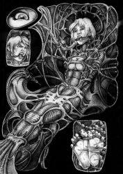      1girl alien barefoot biosuit breasts_squeezed_together breasts drooling feet gag gagged greyscale highres monochrome open_mouth realistic tentacles torture  rating:Questionable score:8 user:Azail
