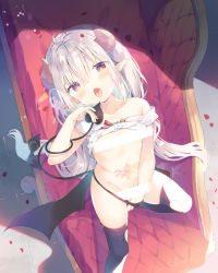  1girl ahoge bar_censor bare_arms bare_shoulders black_panties black_thighhighs black_wings breasts censored clothes_lift collarbone commentary_request curled_horns demon_girl demon_horns demon_tail demon_wings hair_between_eyes hand_in_panties holding_tail horns loli long_hair looking_at_viewer low_wings lying off_shoulder on_back open_mouth original panties panty_pull petals pointy_ears pubic_tattoo red_eyes shirt shirt_lift silver_hair small_breasts solo tail tattoo thighhighs underwear very_long_hair white_shirt wings yuizaki_kazuya  rating:Questionable score:38 user:danbooru