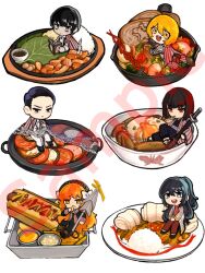  3boys 3girls blonde_hair bowl chain chicken_(food) chips_(food) don_quixote_(project_moon) e.g.o_(project_moon) egg food food_focus hamhampangpang harpoon holding holding_weapon hong_lu_(project_moon) hot_dog ishmael_(project_moon) kimchi lettuce limbus_company long_hair looking_at_viewer mandarin_roll meursault_(project_moon) mini_person miniboy minigirl multiple_boys multiple_girls ootachi open_mouth orange_hair oyakodon_(food) pepper_steak peulliakab77314 plate project_moon ratatouille_(food) rice ryoshu_(project_moon) sauce shrimp simple_background smile tray very_long_hair weapon white_background yellow_eyes yi_sang_(project_moon) 