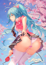 1girl ahoge alternate_costume alternate_hairstyle aqua_eyes aqua_hair artist_name ass atdan bad_id bad_pixiv_id blurry bow cable character_name cherry_blossoms day depth_of_field from_behind hair_bow hatsune_miku headphones heart heart-shaped_pupils highres holding long_hair looking_back nail_polish necktie open_mouth outdoors panties petals pleated_skirt ponytail school_uniform skirt sky solo symbol-shaped_pupils thighhighs underwear vocaloid white_thighhighs wings rating:Questionable score:72 user:danbooru