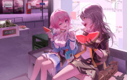  2girls absurdres black_choker black_jacket black_skirt blue_eyes blue_jacket blue_skirt bra_strap breasts buttons camera chinese_text choker commentary_request dress_shirt flower_ornament food food_on_face front_slit fruit grey_hair hands_up highres holding holding_food honkai:_star_rail honkai_(series) jacket long_sleeves looking_at_another march_7th_(honkai:_star_rail) medium_breasts medium_hair miniskirt multiple_girls one_eye_closed open_clothes open_jacket open_mouth pink_eyes pink_hair pink_pupils pixiv_30474331 pleated_skirt shirt sitting skirt smile stelle_(honkai:_star_rail) teeth tied_jacket trailblazer_(honkai:_star_rail) translation_request two-tone_eyes underbust upper_teeth_only watermelon white_shirt yellow_eyes 
