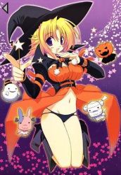  blonde_hair breasts frankenstein&#039;s_monster ghost halloween large_breasts lowres mouse_(animal) mummy narrow_waist pumpkin purple_eyes rabbit short_hair thong wand witch  rating:Sensitive score:10 user:RBrim08
