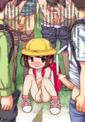 1girl 4boys ass backpack bag bar_censor bare_legs blush brown_eyes brown_hair bulge censored child_on_child cleft_of_venus clothes_pull covering_privates covering_breasts covering_crotch embarrassed erection flat_chest hair_ornament hairpin hat highres imminent_rape japanese_text lasto loli m_legs matching_hair/eyes molestation motion_lines multiple_boys nude open_mouth outdoors pants pants_pull pee peeing penis penis_grab pink_footwear public_indecency puddle randoseru rape scared shiny_skin short_hair small_penis solo_focus squatting straw sweatdrop testicles text_focus thighs translated undressing unhappy_sex  rating:Explicit score:201 user:Cruisinginthe1980s