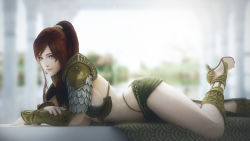  1girl 3d armor blurry breasts brown_hair day depth_of_field egyptian egyptian_clothes eye_of_horus from_side green_eyes high_heels high_ponytail highres jewelry kingdom_under_fire looking_at_viewer lying medium_breasts midriff no_socks on_side on_stomach original pauldrons ponytail primrose_egypt ryanreos shoulder_armor sidelocks smile solo vambraces 