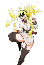  1girl ankle_boots artist_request belt black_hairband black_thighhighs boku_no_hero_academia boots breasts brown_eyes burnin_(boku_no_hero_academia) buttons clenched_hands collared_dress crazy_eyes double-breasted dress eye_mask eyebrows_visible_through_mask eyelashes fangs feet_up female_focus fiery_hair fighting_stance fire fire_extinguisher fireball garter_straps gluteal_fold gradient_hair green_fire green_hair hair_between_eyes hair_ornament hairband hands_up highres jacket kamiji_moe large_breasts legs long_hair long_sleeves looking_afar multicolored_hair neck open_mouth pyrokinesis short_dress side_slit sidelocks simple_background smile standing standing_on_one_leg suit_jacket thick_thighs thighhighs thighs tight_clothes tight_dress v-shaped_eyebrows white_background white_dress wide_ponytail 