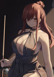 1girl ball bare_shoulders billiard_ball black_collar black_dress blush breasts brown_eyes cleavage closed_mouth collar collarbone cue_stick dress erza_scarlet fairy_tail hair_bun hair_over_one_eye highres holding_cue_stick large_breasts light_smile long_hair looking_at_viewer mochigome_(oekakisuki_ch) o-ring pool_table red_hair sidelocks table upper_body 