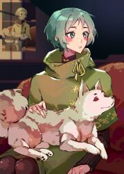  1girl animal aqua_hair black_sweater blush blush_stickers brown_pantyhose couch dog emi_star feet_out_of_frame grey_eyes grey_fur highres koromaru_(persona) long_sleeves looking_to_the_side official_alternate_costume pantyhose parted_lips persona persona_3 red_eyes screenshot_inset short_hair short_sleeves sitting sweater turtleneck turtleneck_sweater yamagishi_fuuka 