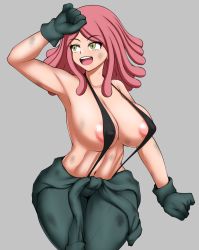  1girl :d asortofcolorfag bikini boku_no_hero_academia breasts cleavage colorized covered_erect_nipples gloves hatsume_mei highres jumpsuit large_breasts navel open_mouth pink_hair slingshot_swimsuit smile solo swimsuit yellow_eyes  rating:Questionable score:46 user:Vardigiil