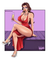  1girl artist_name backless_outfit blue_eyes breasts brown_hair cleavage crossed_legs cup donkey_kong_(1981_game) donkey_kong_(series) dress drink drinking_glass earrings highres jewelry large_breasts long_hair lukaforyou mario_(series) necklace nintendo pauline_(mario) sandals shiny_skin smile thick_lips thick_thighs thighs  rating:Questionable score:24 user:MagilousLover