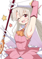  1girl ;d absurdres aikawa_ryou arm_up armpits ascot bare_shoulders blush brown_ascot commentary detached_sleeves dress elbow_gloves fate/kaleid_liner_prisma_illya fate_(series) gloves grey_hair hair_between_eyes highres holding holding_wand illyasviel_von_einzbern looking_at_viewer one_eye_closed open_mouth parted_bangs pink_dress pink_sleeves pleated_skirt red_eyes simple_background skirt sleeveless sleeveless_dress smile solo star_(symbol) teeth two_side_up upper_teeth_only wand white_background white_gloves white_skirt 