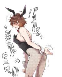  1boy ahoge anger_vein animal_ears bent_over blush bow bowtie commentary_request cowboy_shot crossdressing detached_collar embarrassed fake_animal_ears fake_tail fishnet_pantyhose fishnets from_behind full-face_blush granblue_fantasy hair_between_eyes leaning_forward leotard looking_at_viewer male_playboy_bunny masakane messy_hair oversized_breast_cup oversized_clothes pantyhose playboy_bunny rabbit_tail red_bow red_bowtie red_eyes sandalphon_(granblue_fantasy) short_hair solo_focus spoken_anger_vein sweatdrop tail translation_request trembling white_background wrist_cuffs yaoi 