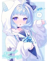  1girl :o ahoge animal_ears animal_hood blue_bow blue_choker blue_hair blue_sailor_collar blue_shirt blush bow brooch cat_hood choker collarbone commentary_request commission drawstring embarrassed fake_animal_ears highres hood hood_up hooded_jacket indie_virtual_youtuber jacket jewelry komomo_(2899) kumoue_iris long_sleeves looking_at_viewer open_clothes open_jacket parted_lips paw_pose puffy_long_sleeves puffy_sleeves purple_eyes sailor_collar shirt signature skeb_commission sleeves_past_wrists solo spoken_blush striped_bow upper_body virtual_youtuber white_jacket 
