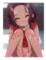  1girl absurdres bandaid bandaid_on_face black_hair border bottomless bow copyright_request covering_privates female_focus frilled_shirt frills hair_bow highres loli looking_at_viewer navel nikubou_maranoshin orange_eyes partially_visible_vulva shirt short_hair sitting smile solo sticker twitter_username white_border  rating:Questionable score:87 user:Dweenie